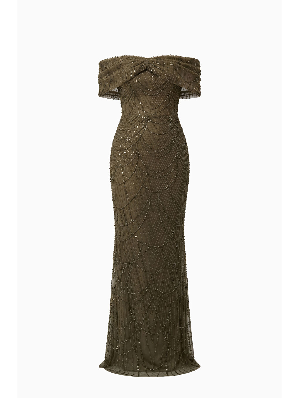 Kadın Haki Kayık Yaka Boncuklu Uzun Balık Abiye Elbise-5