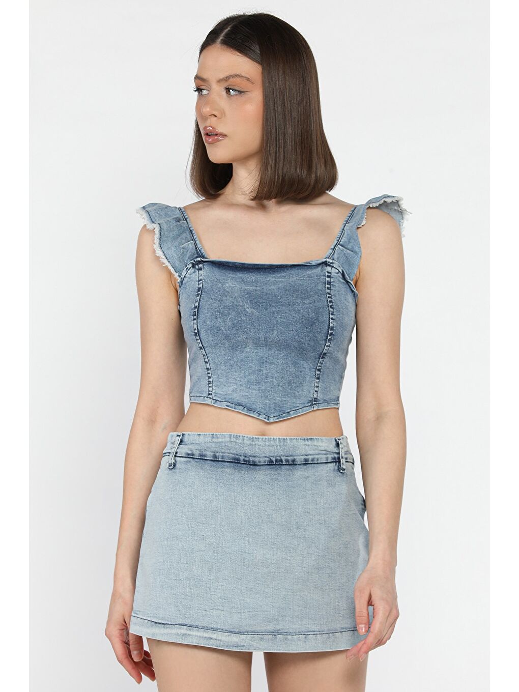 Mavi Kadın Omuz Fırfırlı Sırt Fermuarlı Jean Jean Crop Top Bluz-1