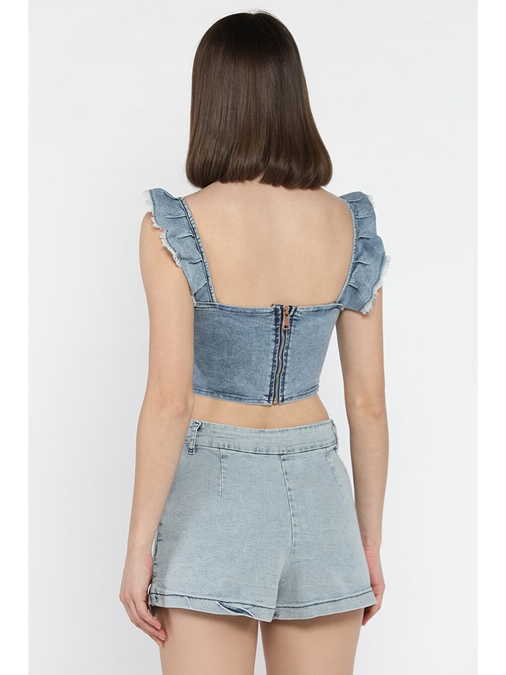 Mavi Kadın Omuz Fırfırlı Sırt Fermuarlı Jean Jean Crop Top Bluz-2