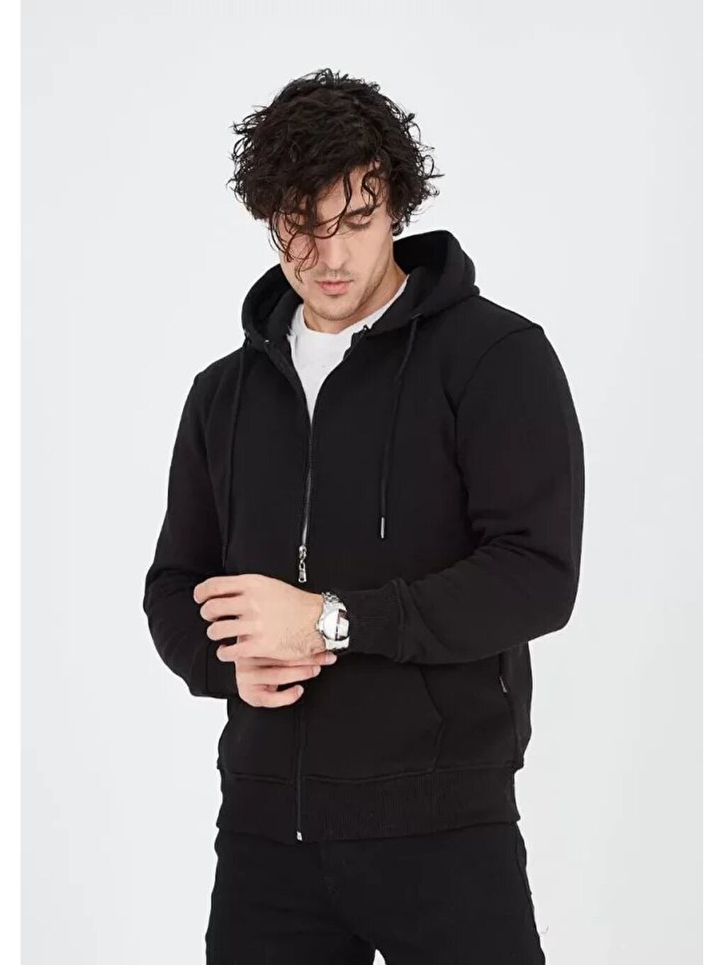 Unisex Tam Fermuarlı Kapşonlu  Sweatshirt - Siyah