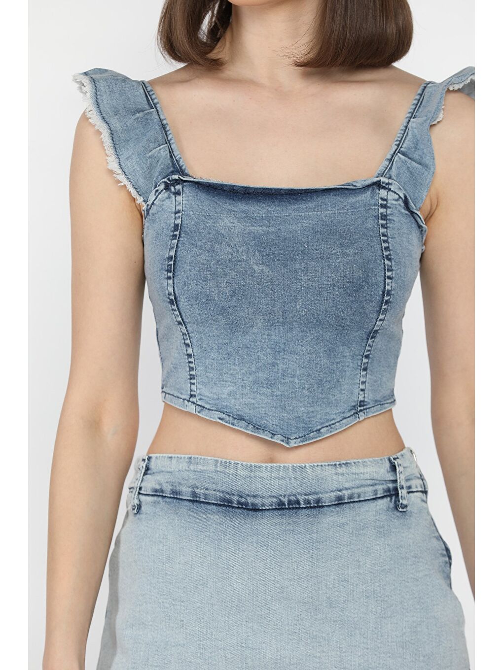 Mavi Kadın Omuz Fırfırlı Sırt Fermuarlı Jean Jean Crop Top Bluz-3