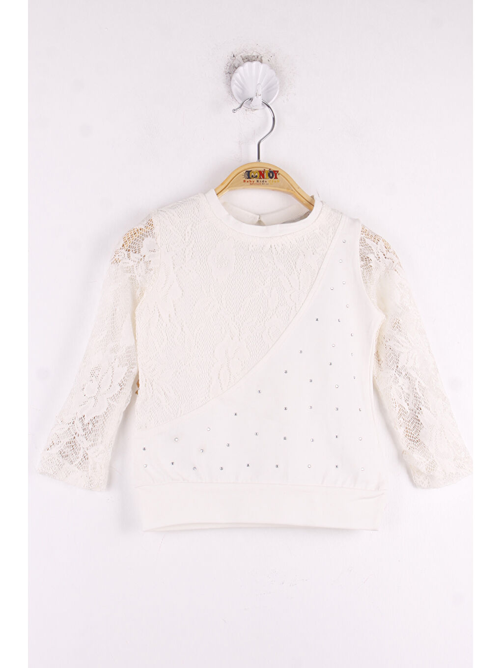 Ekru Kız Çocuk Kolları Dantelli Taş İşlemeli Tişört