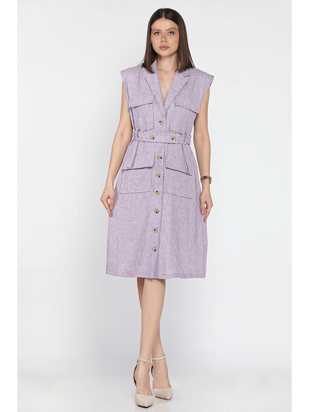 Lila Kadın Kruvaze Yaka Kuşak Detaylı Boydan Düğmeli Elbise