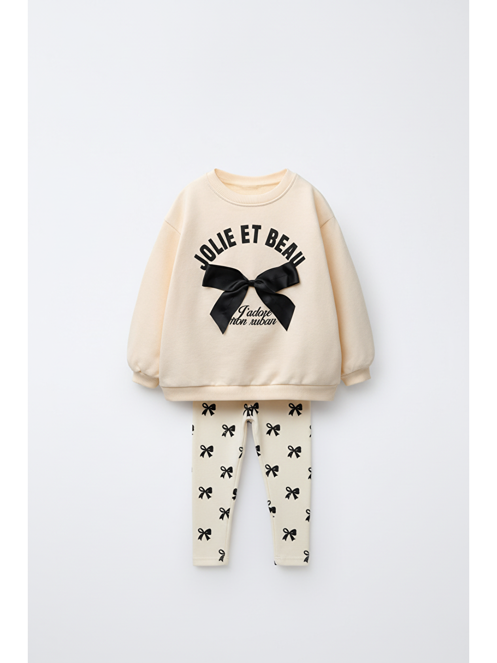 Ekru Kız Çocuk Pamuklu Fiyonk Detaylı Sweatshirt Ve Desenli Tayt Takım