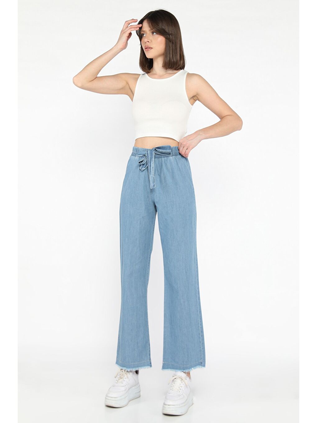 Mavi Kadın Yüksek Bel Paça Püsküllü Palazzo Jean Pantolon