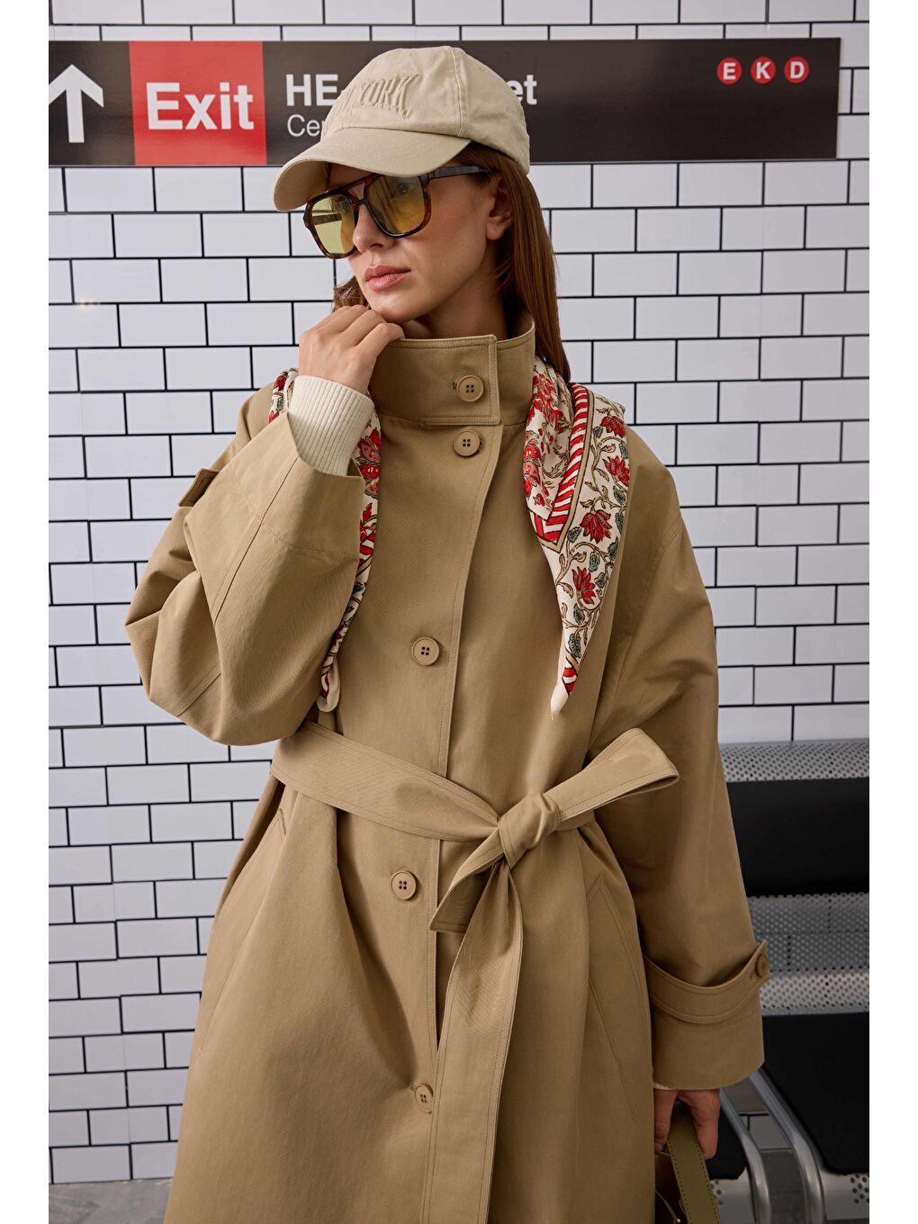 Kahverengi Funnel Neck Uzun Trençkot Açık Vizon-1