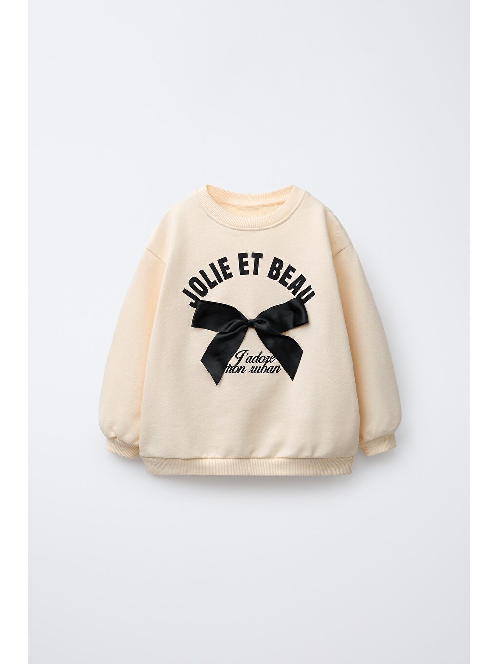 Ekru Kız Çocuk Pamuklu Fiyonk Detaylı Sweatshirt Ve Desenli Tayt Takım-1