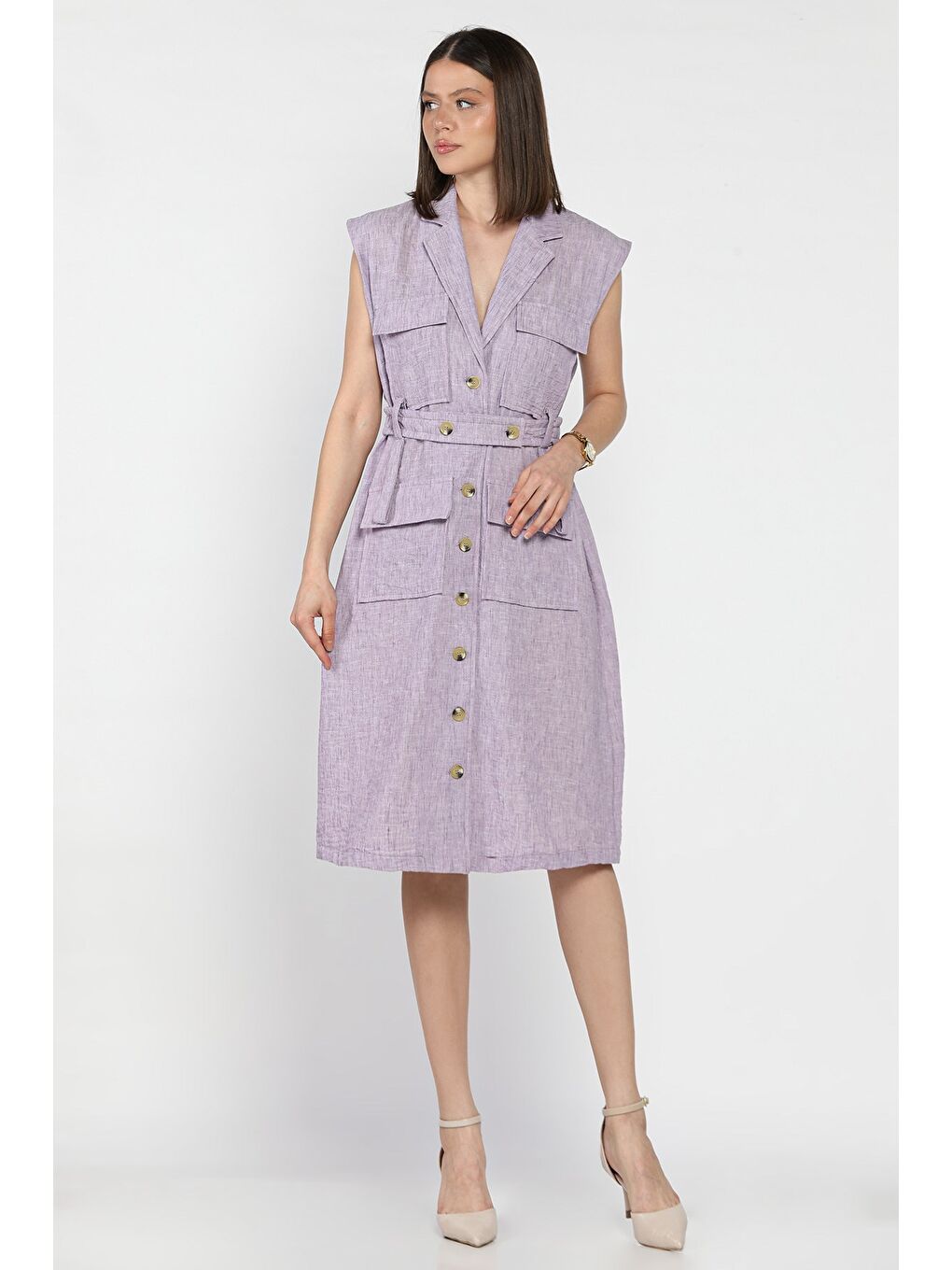 Lila Kadın Kruvaze Yaka Kuşak Detaylı Boydan Düğmeli Elbise-1