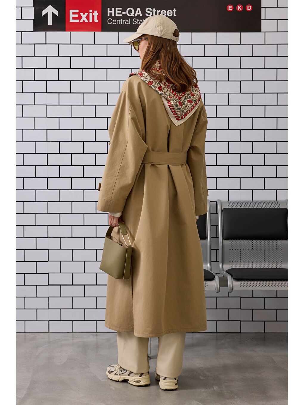 Kahverengi Funnel Neck Uzun Trençkot Açık Vizon-2