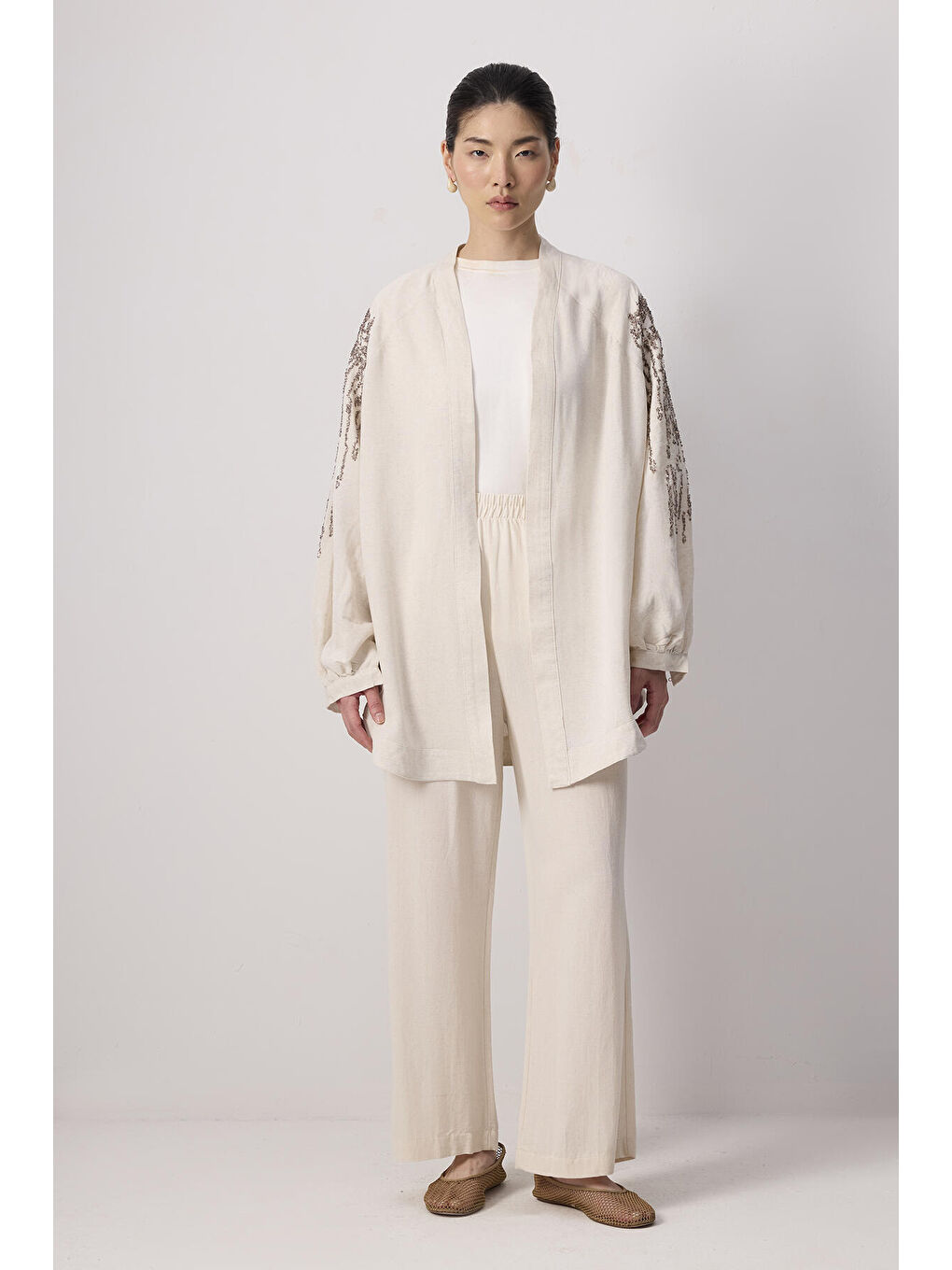 Bej Pul Nakış Detaylı Kimono-1