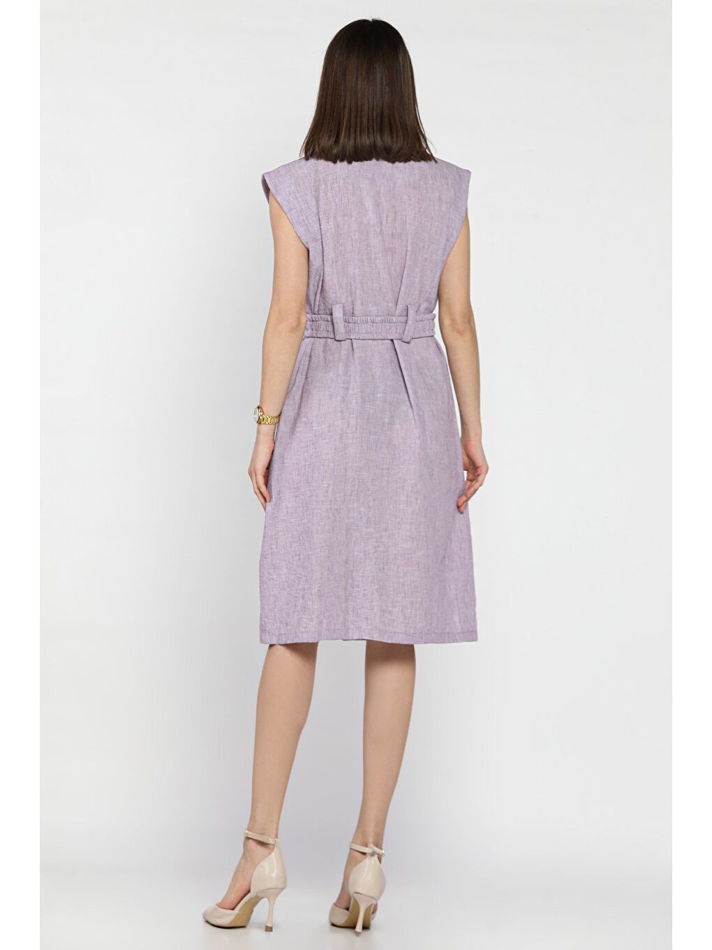 Lila Kadın Kruvaze Yaka Kuşak Detaylı Boydan Düğmeli Elbise-2
