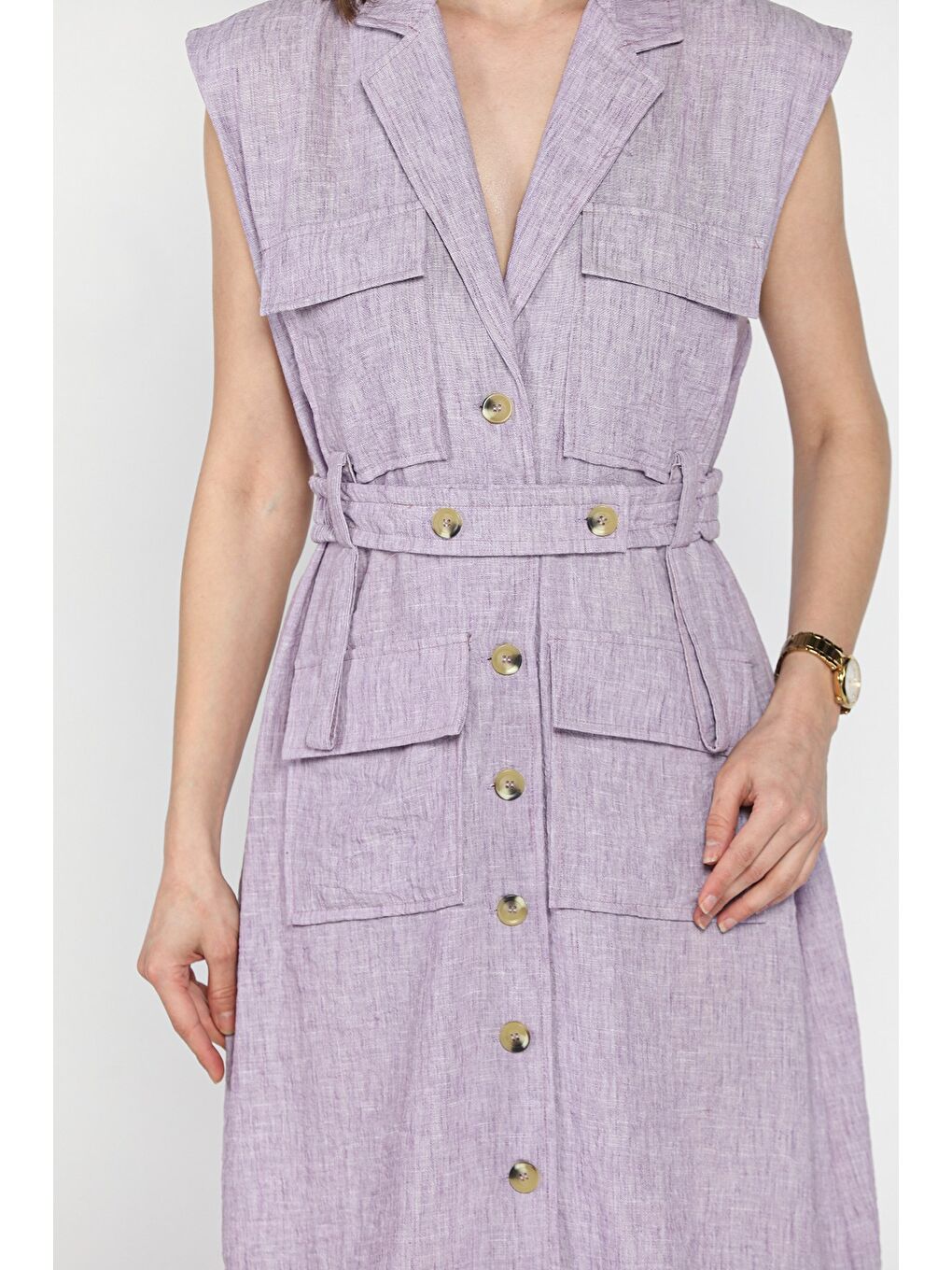 Lila Kadın Kruvaze Yaka Kuşak Detaylı Boydan Düğmeli Elbise-3