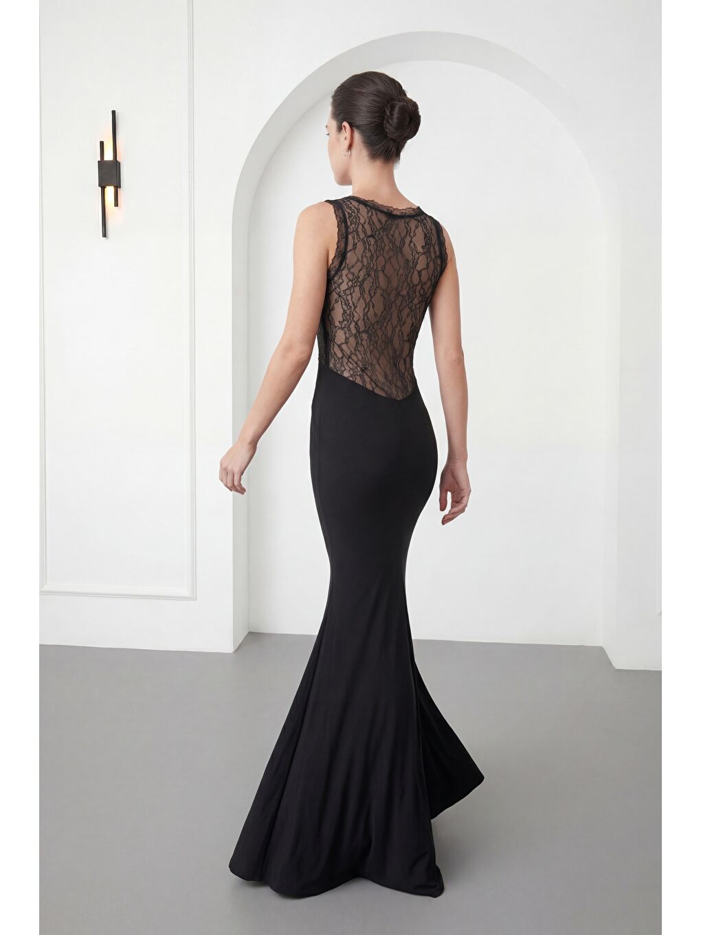 Kadın Siyah Dantel Detaylı Kruvaze Yaka Maxi Abiye & Mezuniyet Elbise-1