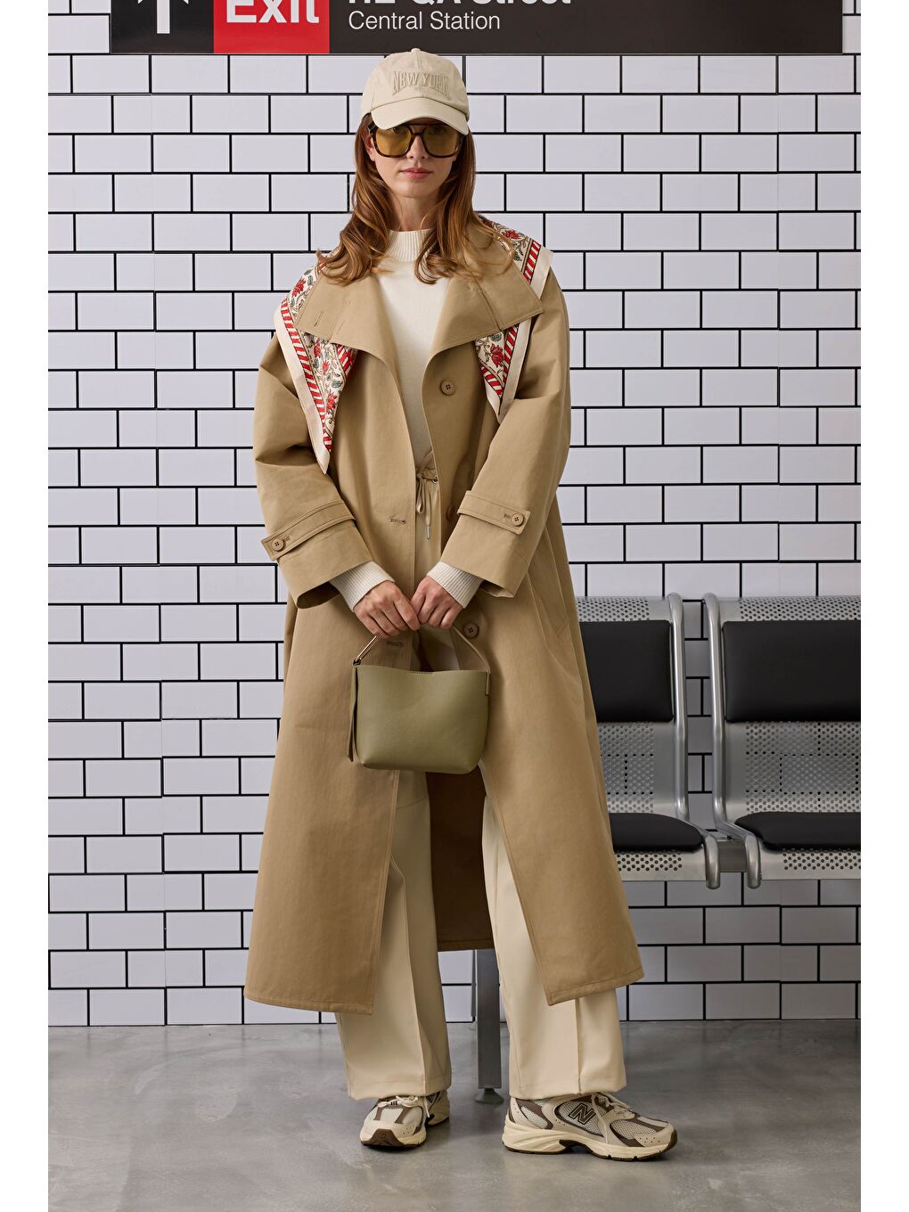 Kahverengi Funnel Neck Uzun Trençkot Açık Vizon-4