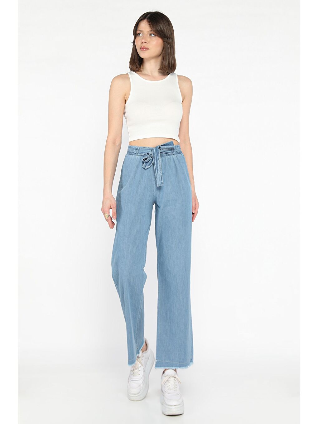 Mavi Kadın Yüksek Bel Paça Püsküllü Palazzo Jean Pantolon-1