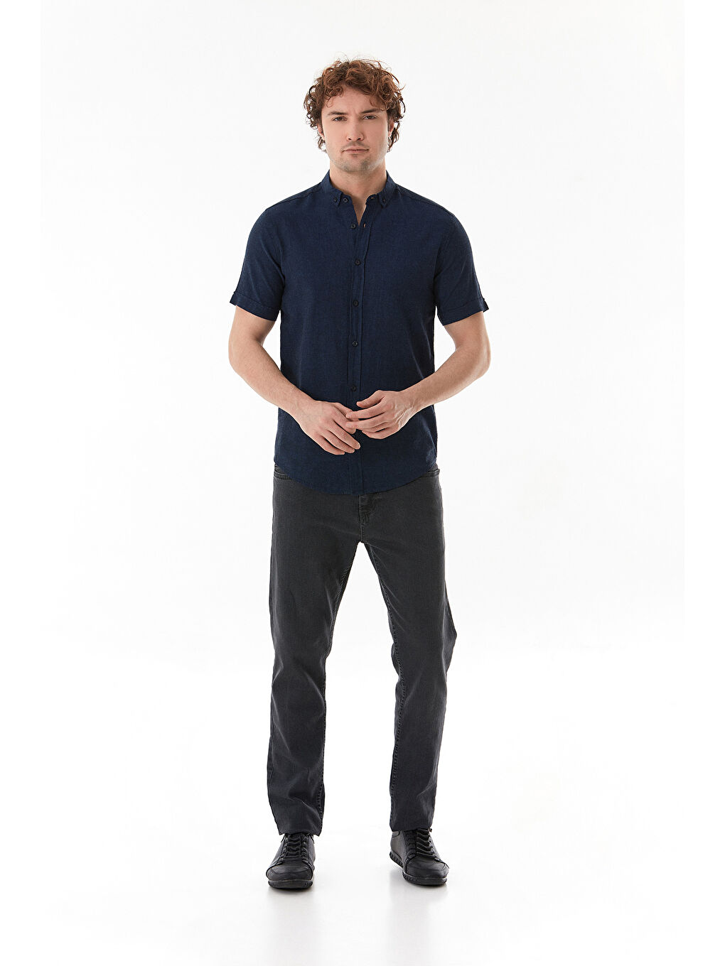 Lacivert Basic Kısa Kollu Keten Gömlek-1