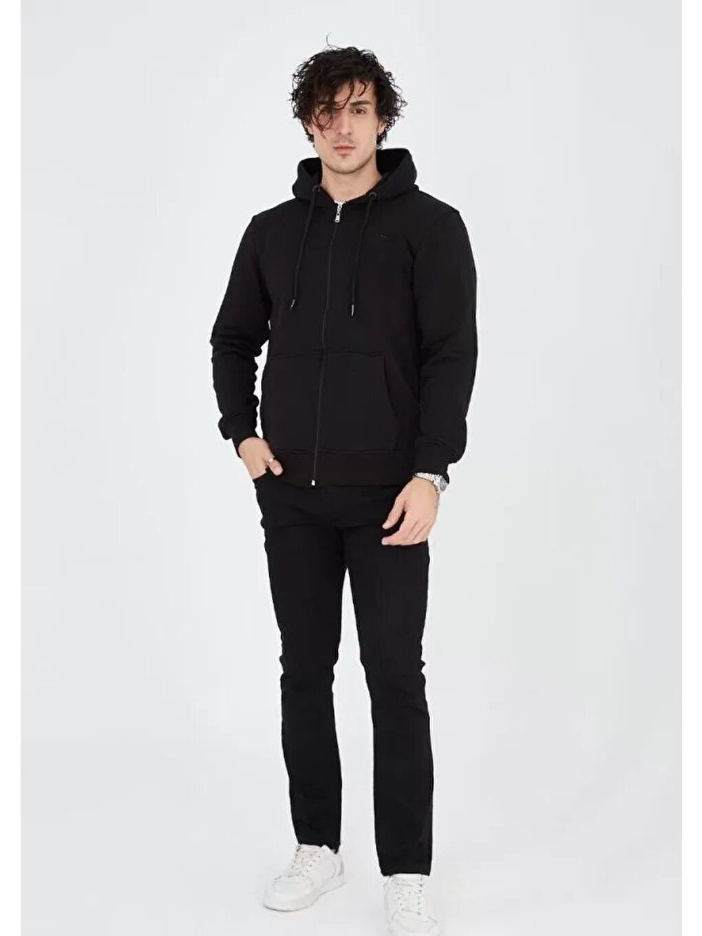 Unisex Tam Fermuarlı Kapşonlu  Sweatshirt - Siyah-2