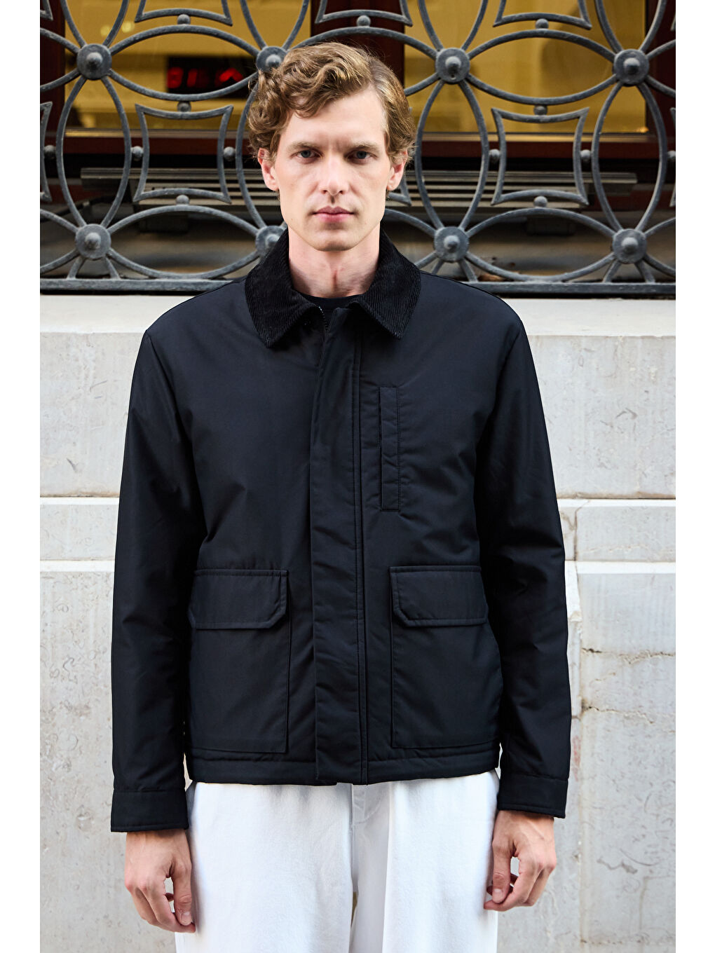 Erkek Kontrast Yakalı Mont Ceket Siyah-2