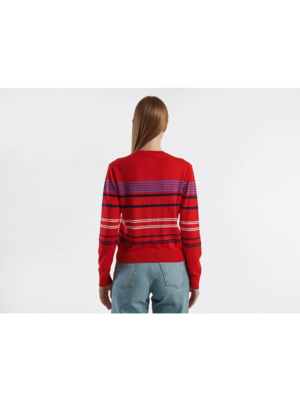 Kadın Kırmızı %100 Pamuk Çizgili Arkası Logo Detaylı Önü Düğmeli Hırka-2
