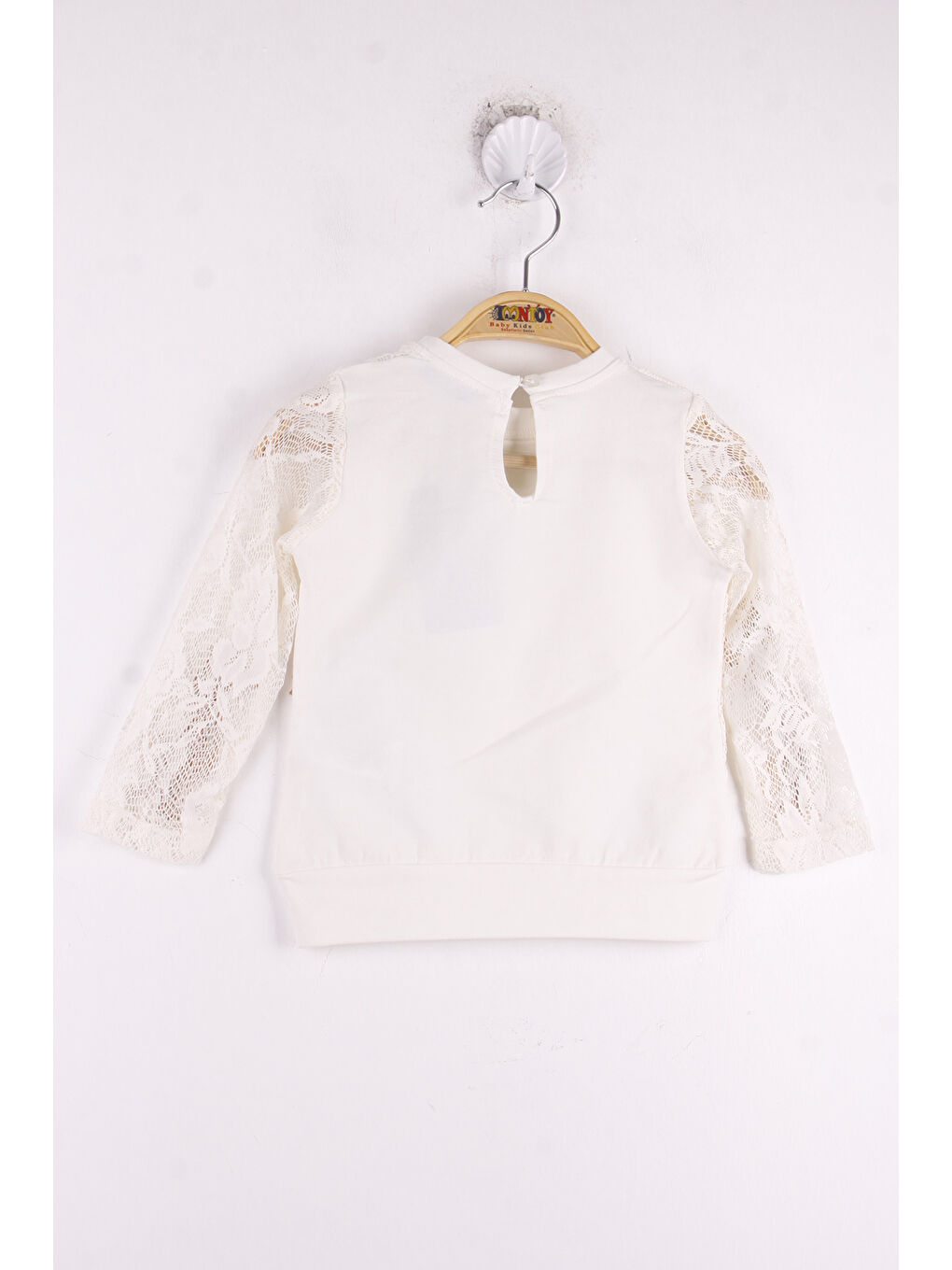 Ekru Kız Çocuk Kolları Dantelli Taş İşlemeli Tişört-1