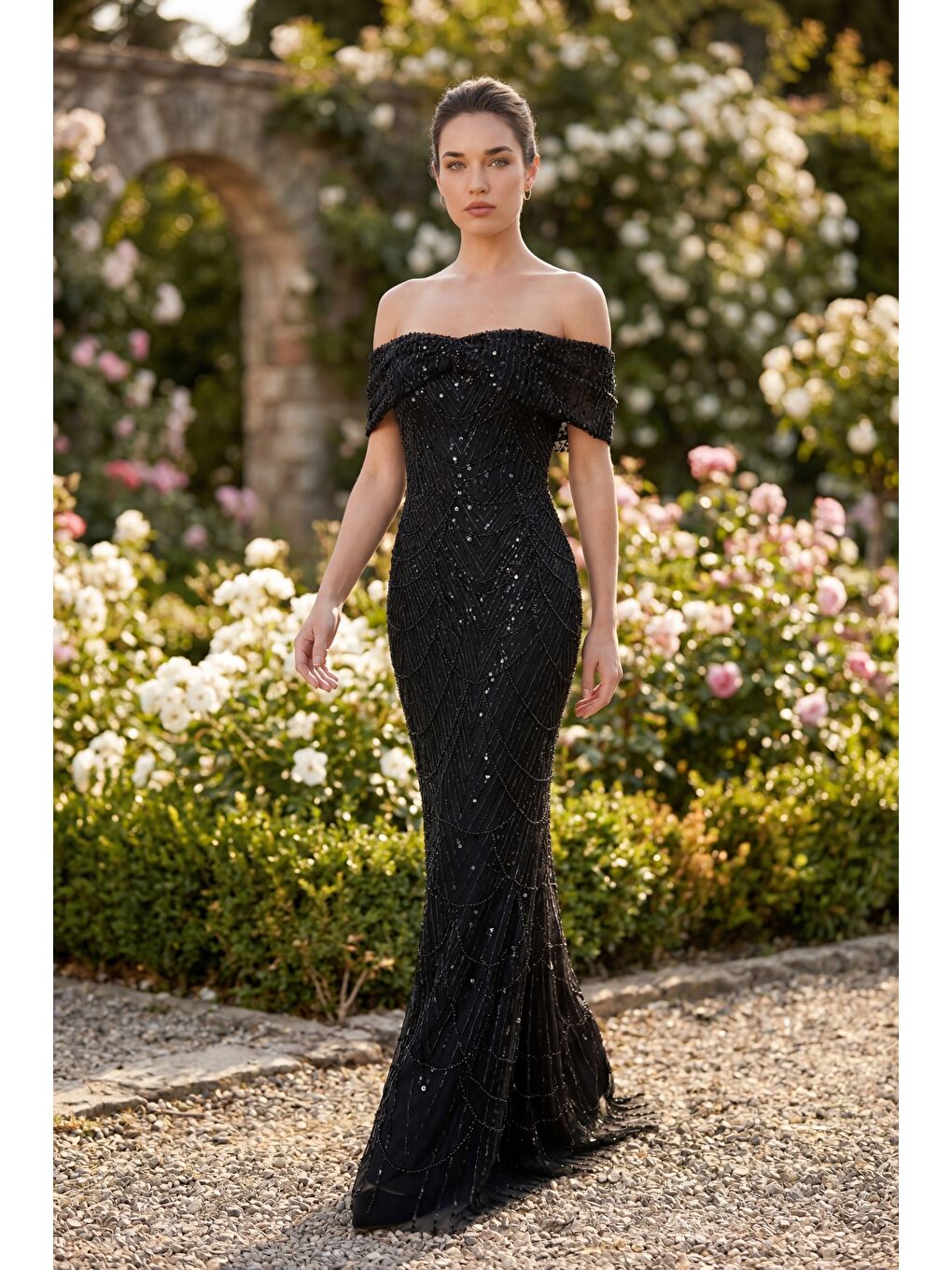 Kadın Siyah Kayık Yaka Boncuklu Uzun Balık Abiye Elbise-4