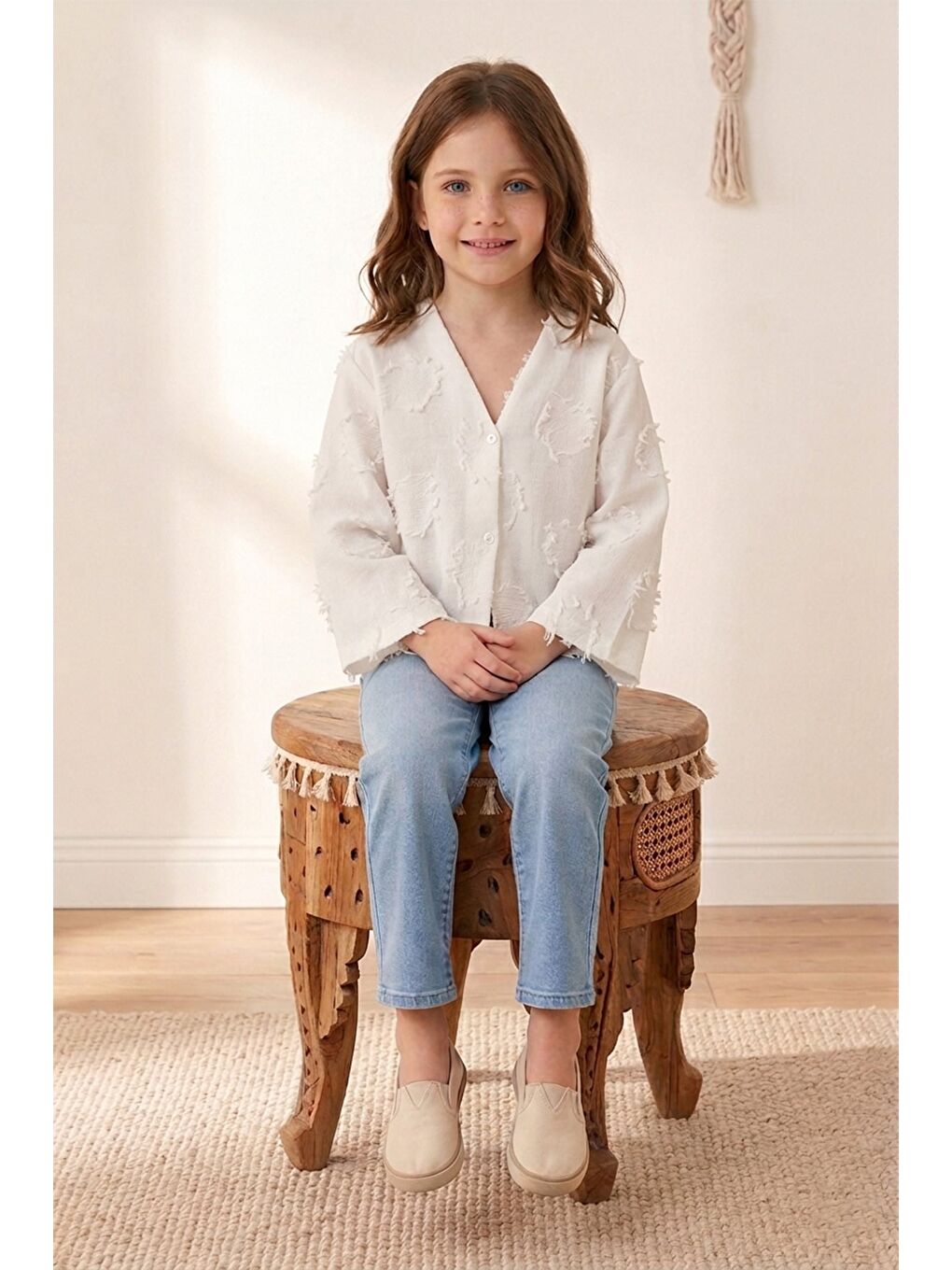 Ekru Püsküllü Salaş Kız Çocuk Gömlek-1