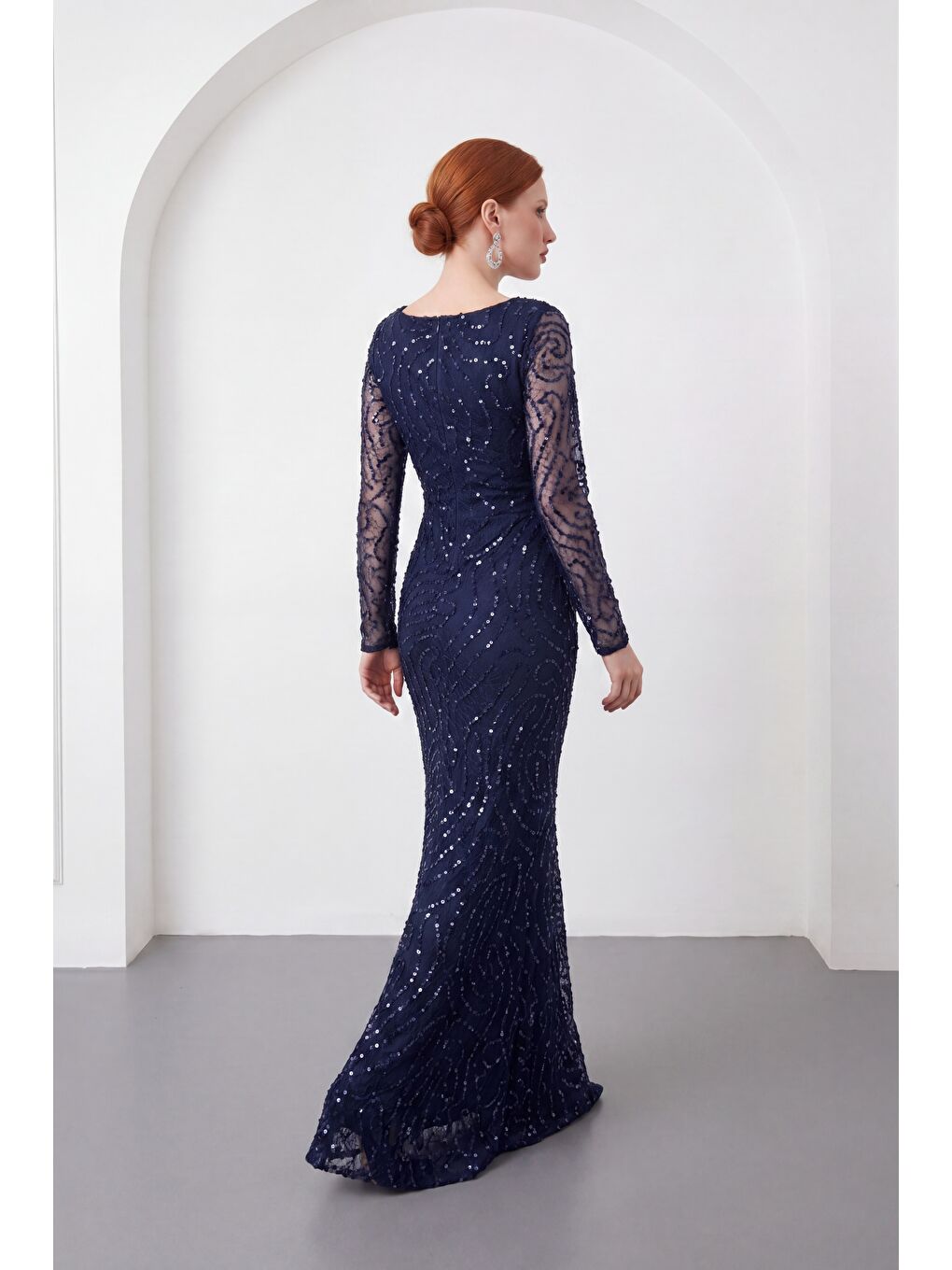Kadın Lacivert Uzun Kol Boncuklu Abiye Elbise-5