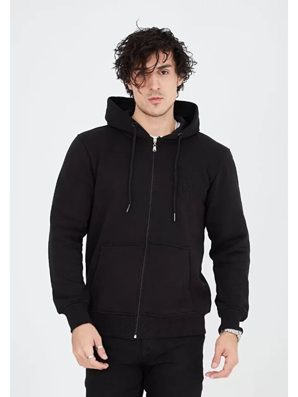 Unisex Tam Fermuarlı Kapşonlu  Sweatshirt - Siyah-3