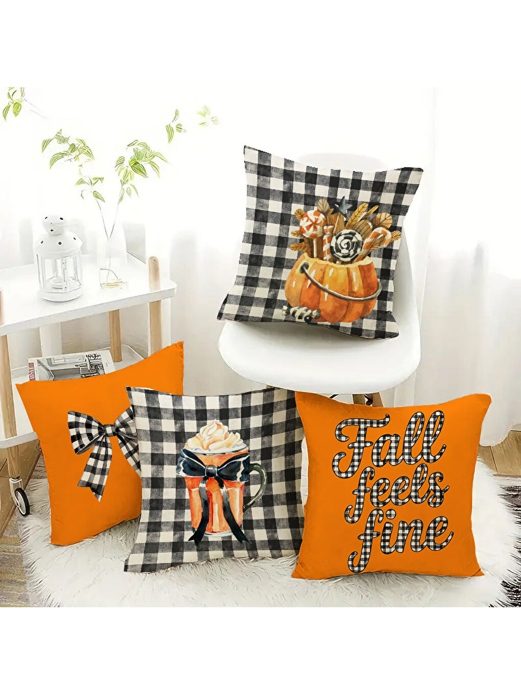 Karışık Çift Taraf Baskılı Kadife Doku Sonbahar Ve Kabak Desenli 4'lü Kırlent Seti