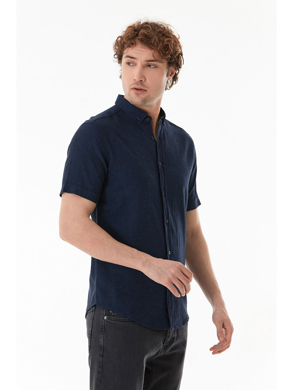 Lacivert Basic Kısa Kollu Keten Gömlek-2