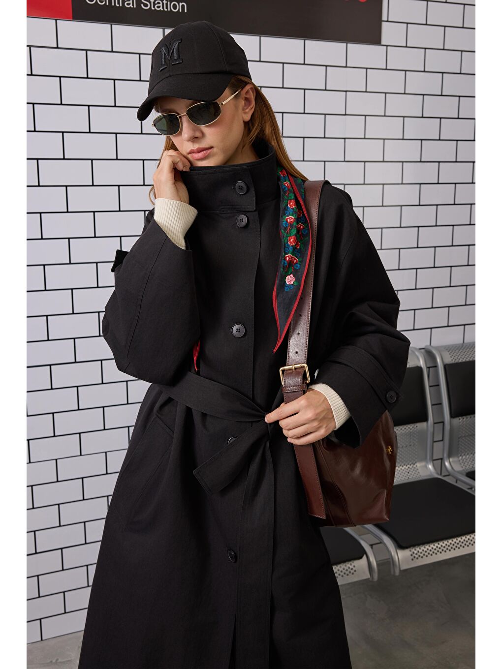 Funnel Neck Uzun Trençkot Siyah