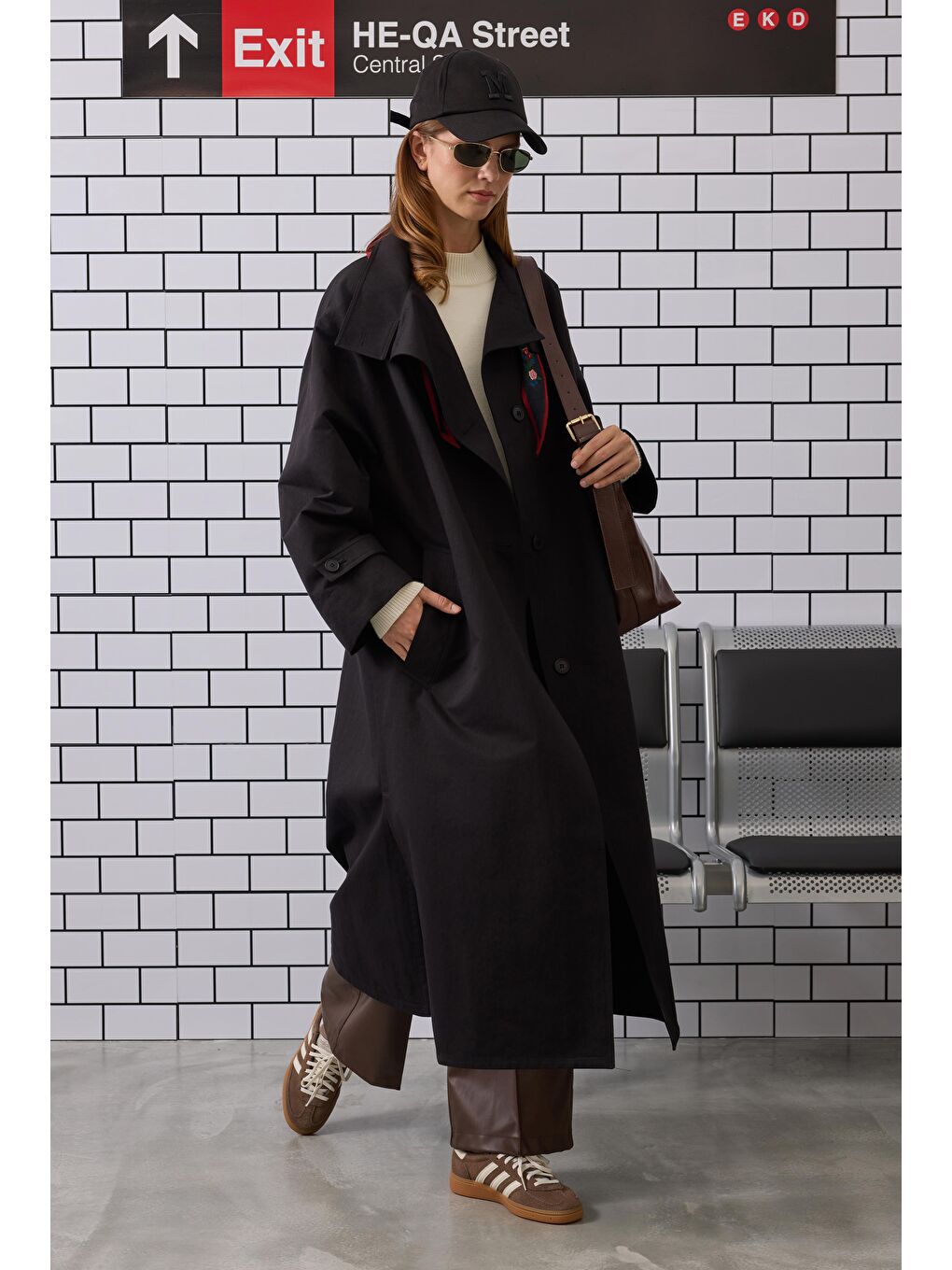 Funnel Neck Uzun Trençkot Siyah-1