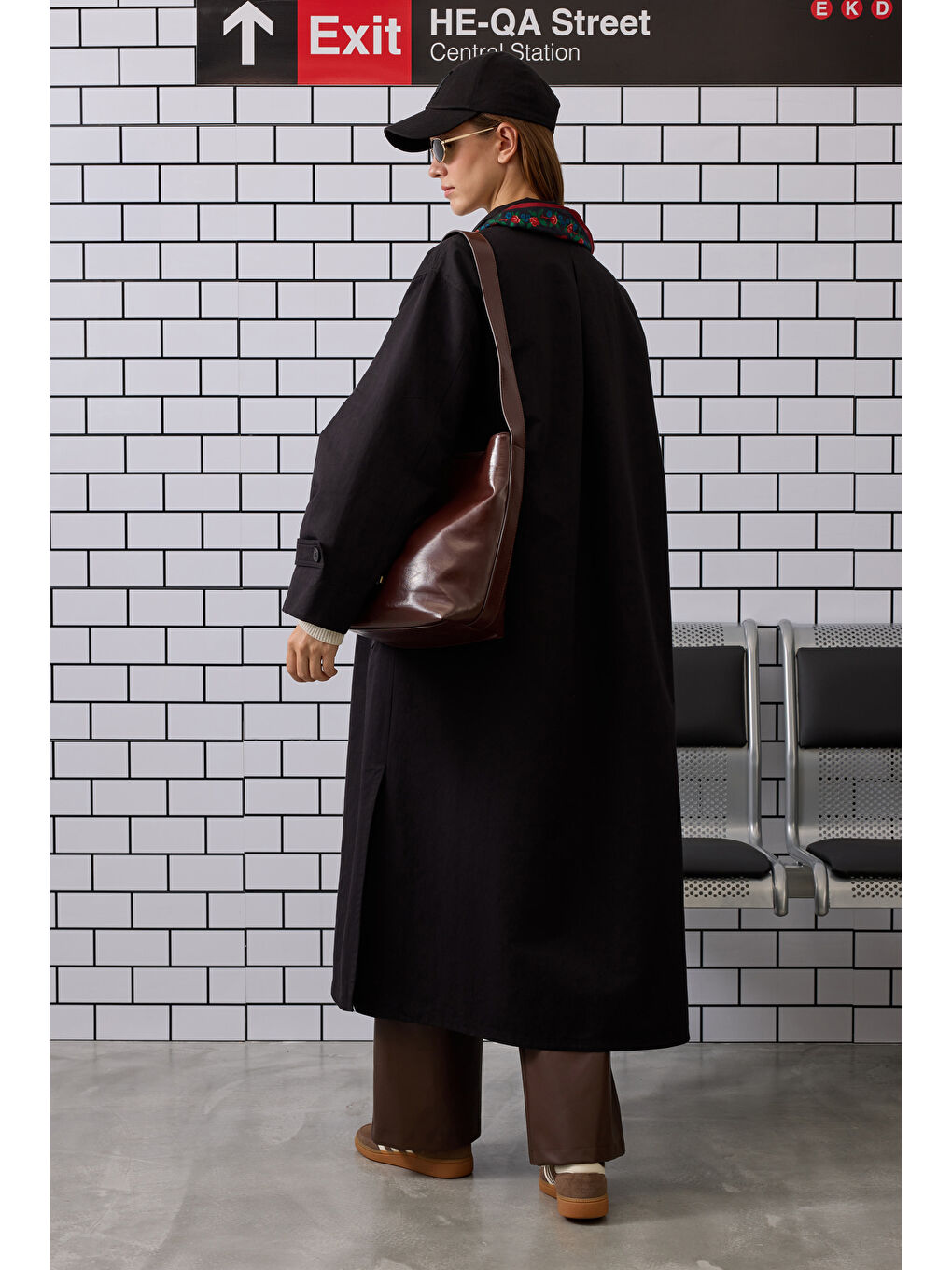 Funnel Neck Uzun Trençkot Siyah-2