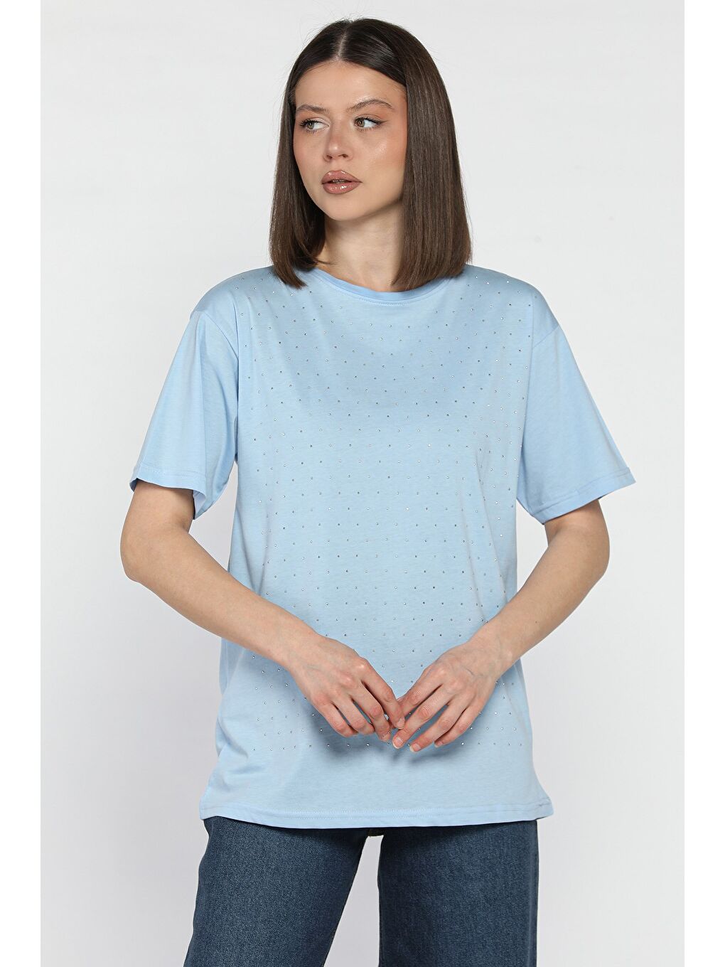 Mavi Bisiklet Yaka Ön Taşlı Kadın Tişört-1