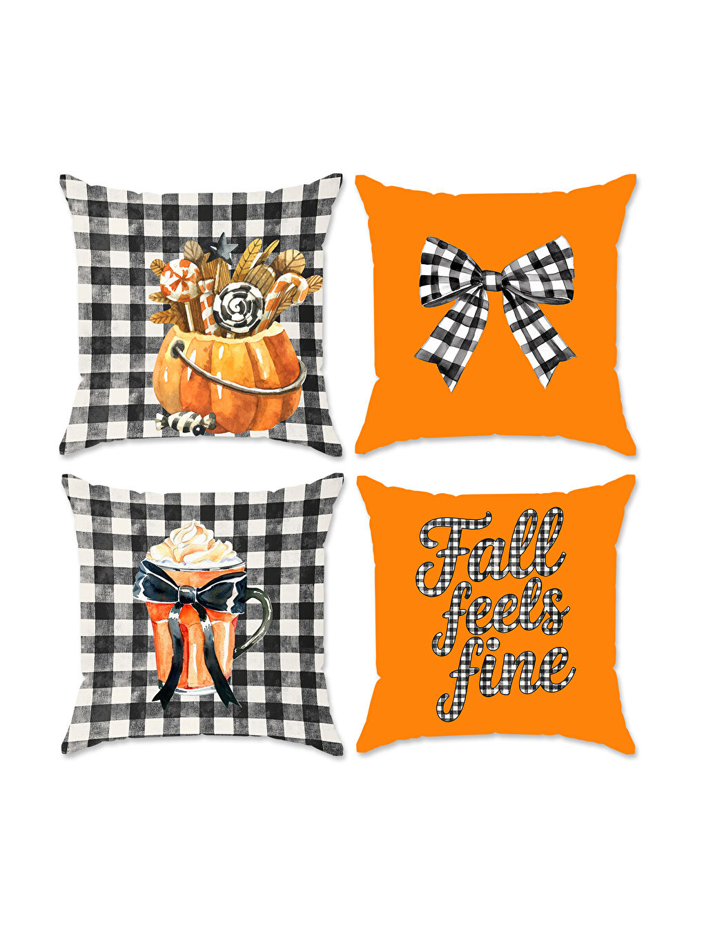 Karışık Çift Taraf Baskılı Kadife Doku Sonbahar Ve Kabak Desenli 4'lü Kırlent Seti-1