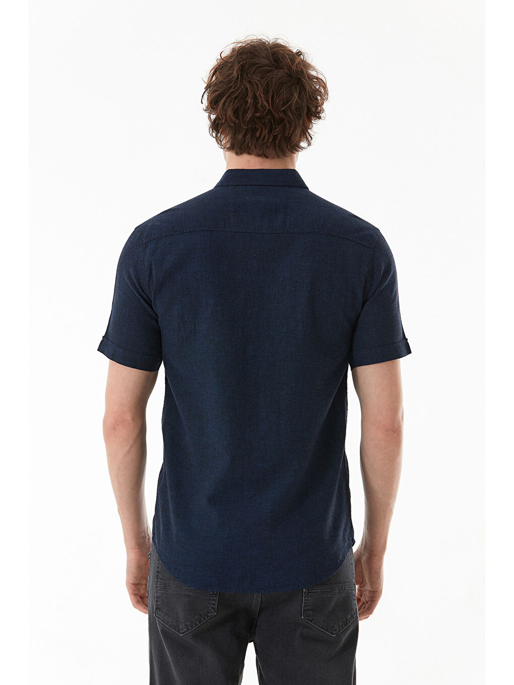 Lacivert Basic Kısa Kollu Keten Gömlek-3