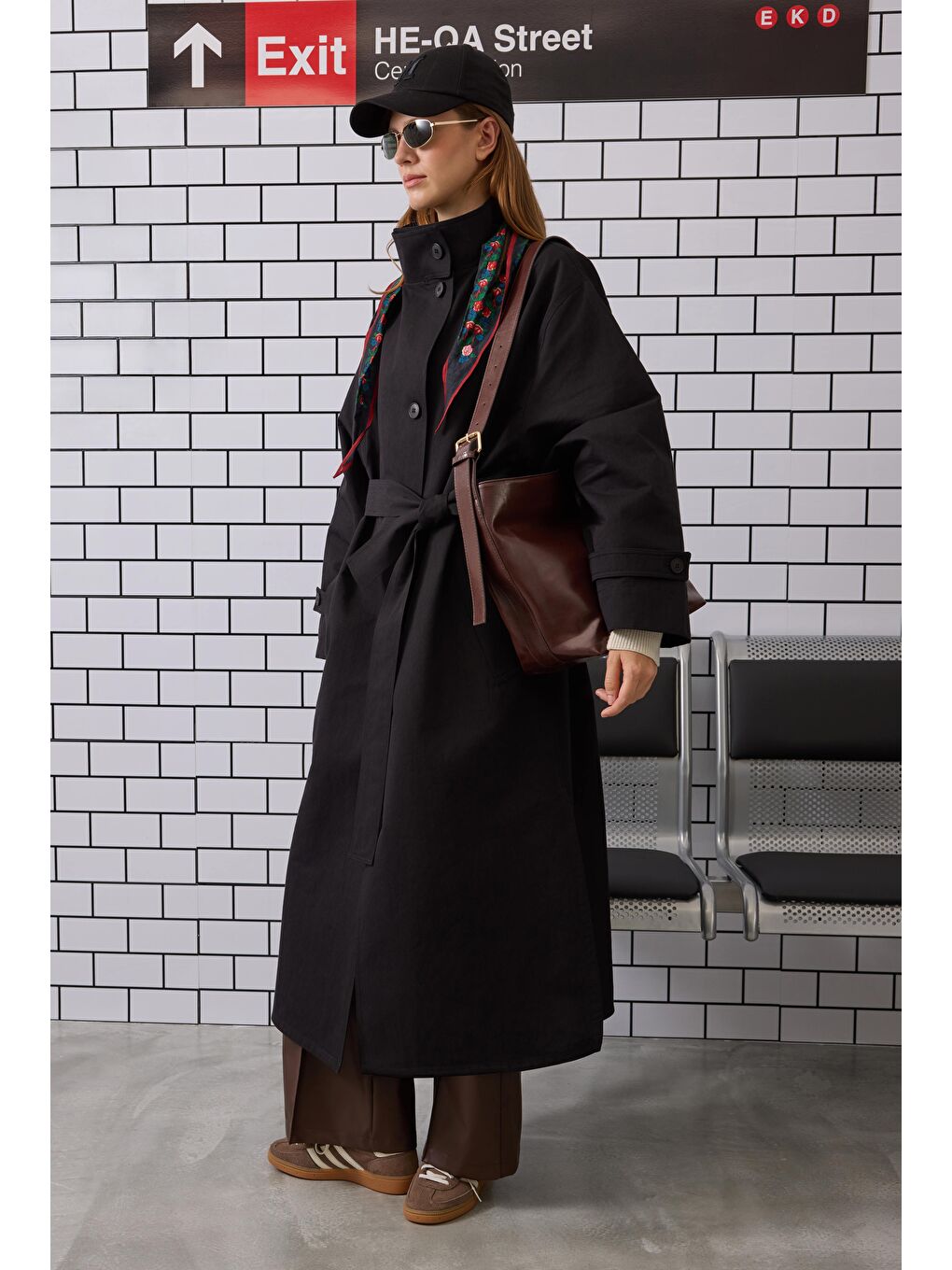 Funnel Neck Uzun Trençkot Siyah-3