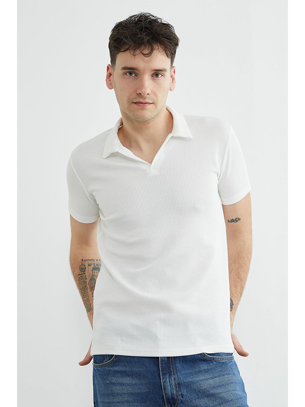 Ekru Polo Yaka Fitilli Tişört-1