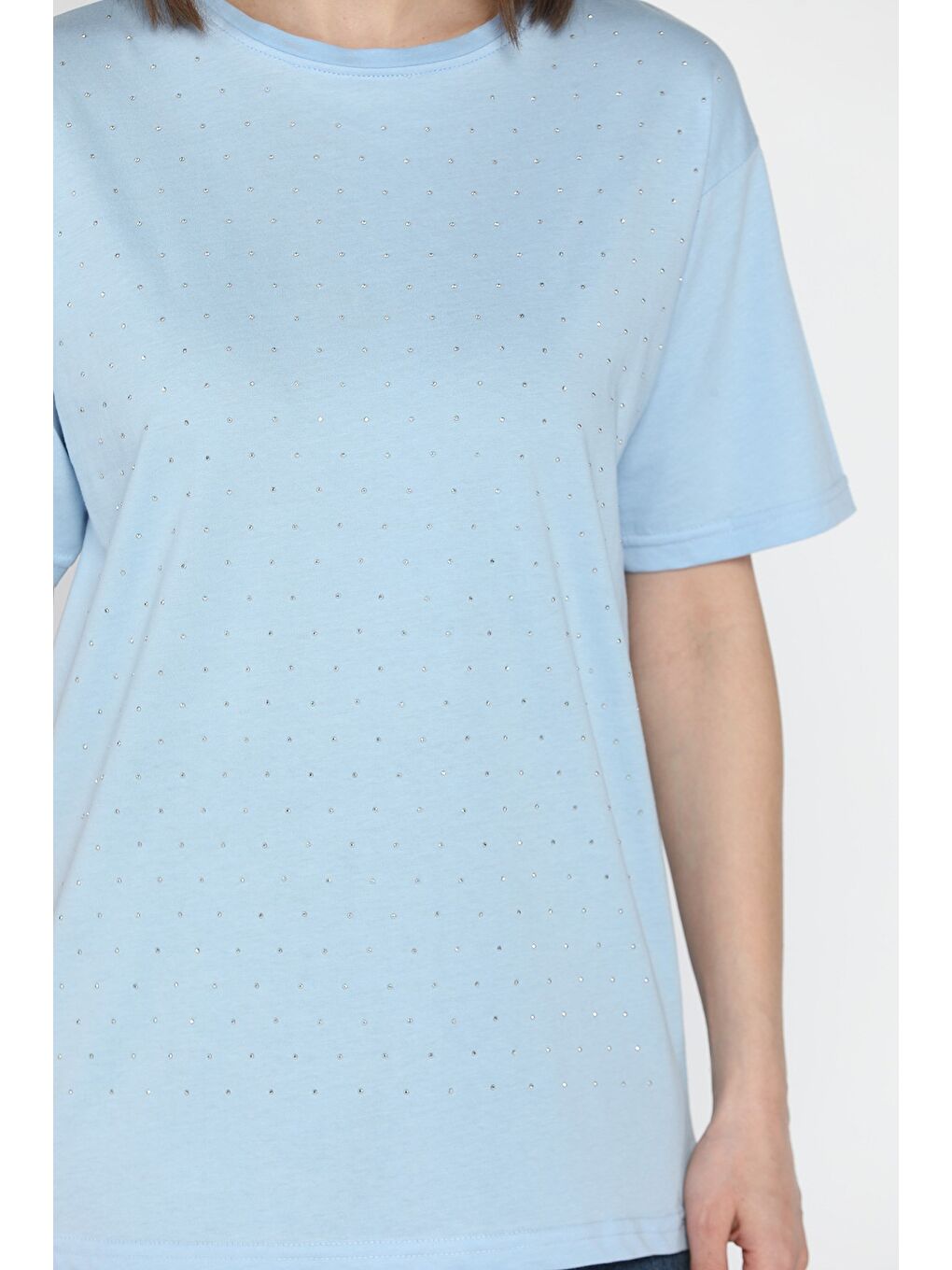 Mavi Bisiklet Yaka Ön Taşlı Kadın Tişört-3