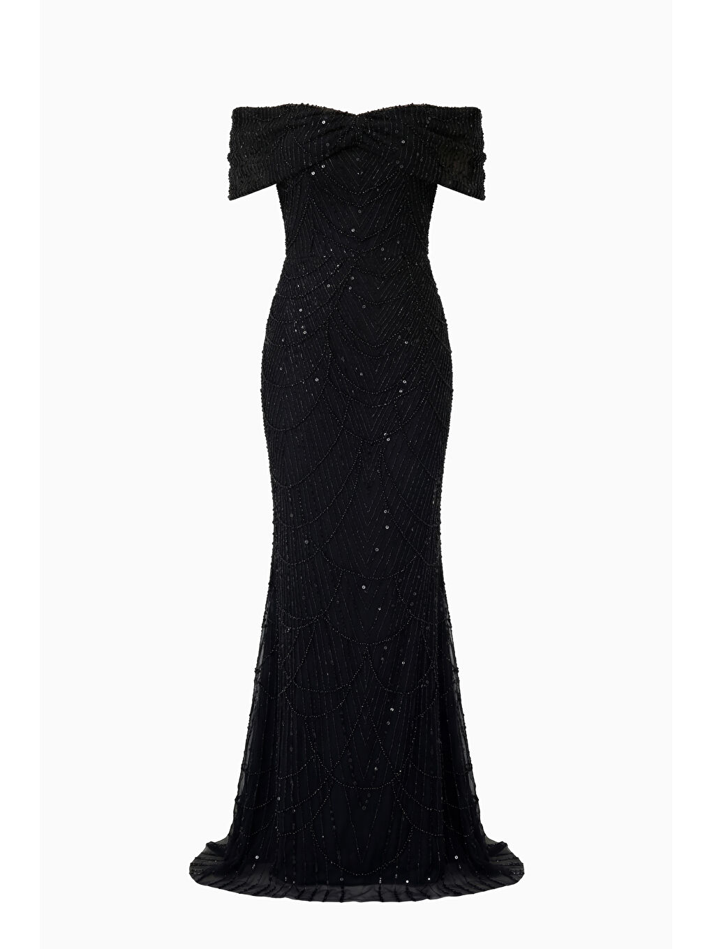 Kadın Siyah Kayık Yaka Boncuklu Uzun Balık Abiye Elbise-6