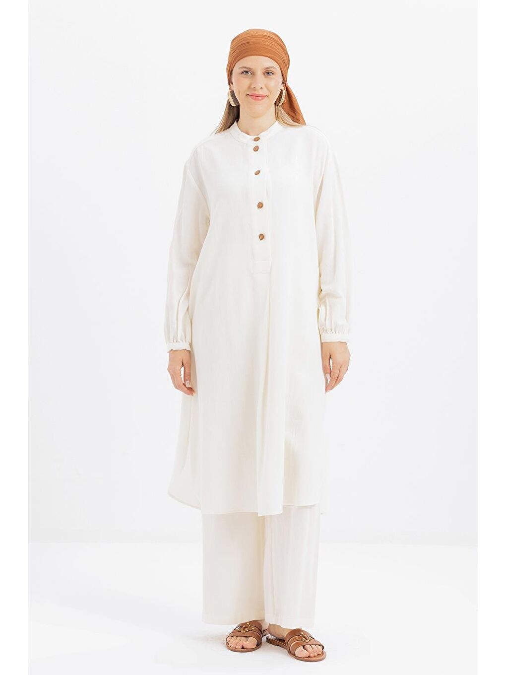 Ekru-Yarım Patlı Yırtmaçlı Keten Tunik-1