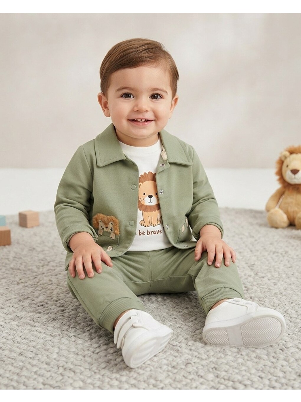 Yeşil Erkek Bebek Aslan Baskılı Ceketli 3'lü Takım-1