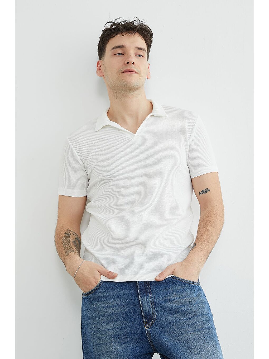 Ekru Polo Yaka Fitilli Tişört-3