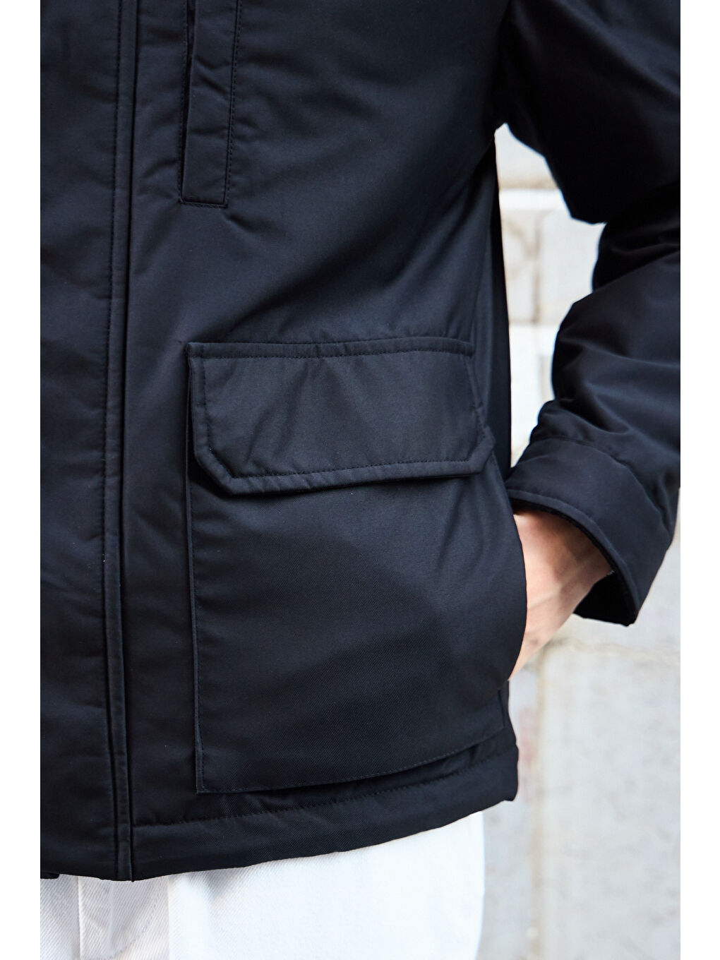 Erkek Kontrast Yakalı Mont Ceket Siyah-4