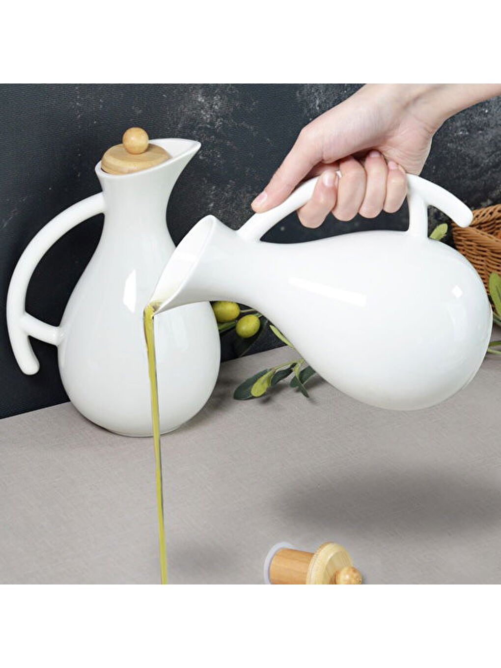 Fiona Bambu Kapaklı Porselen Yağlık - Beyaz - 1 lt-1