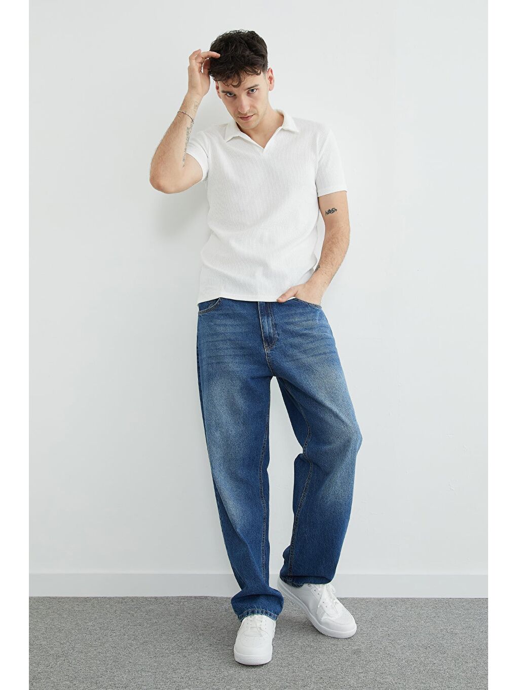 Ekru Polo Yaka Fitilli Tişört-4