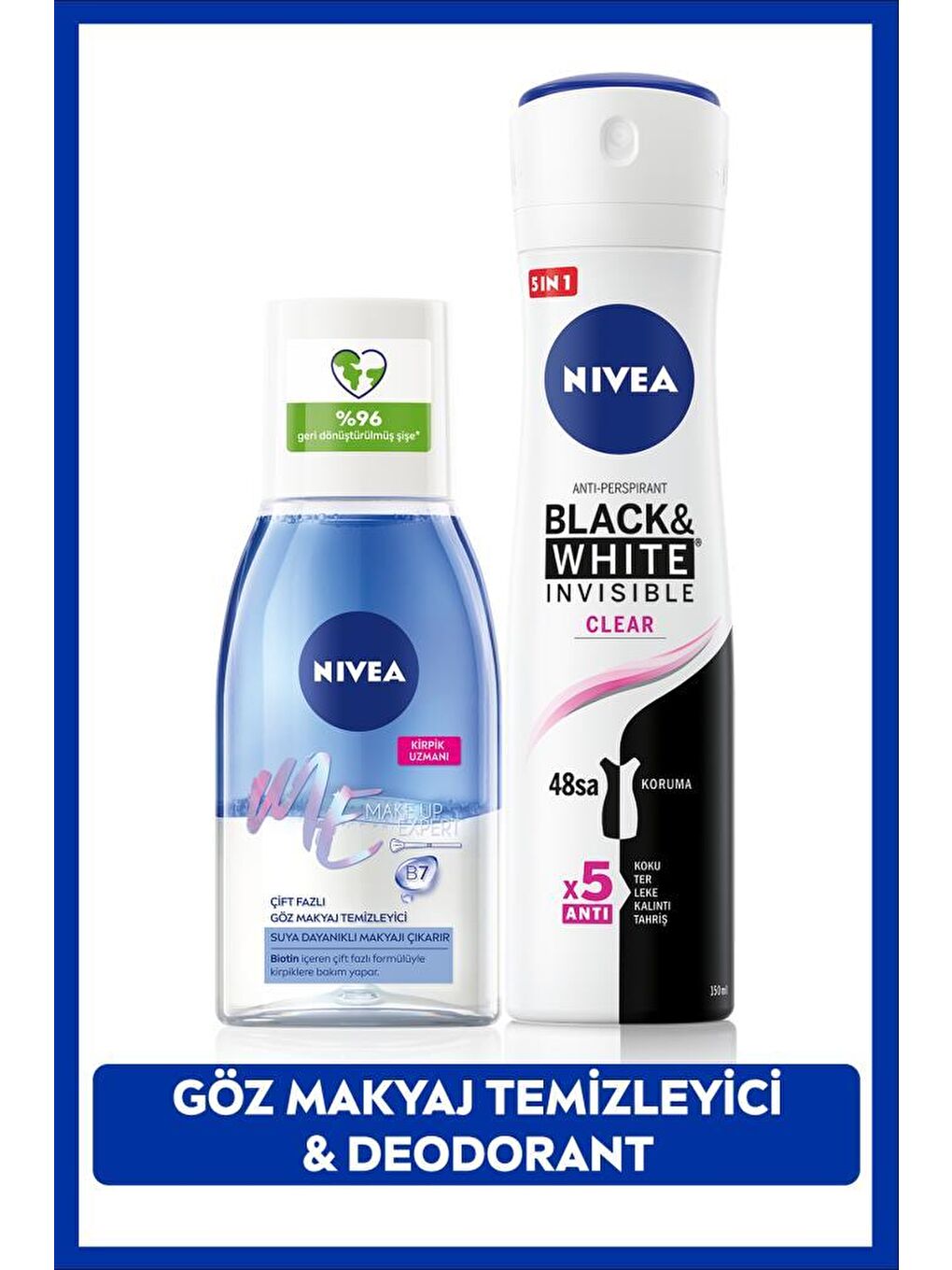 NIVEA Şeffaf Çift Fazlı Göz Makyaj Temizleyici 125ml ve Kadın Sprey Deodorant Black&White Invisible Clear 150ml