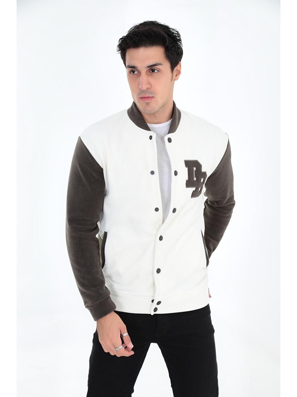 Beyaz Bomber Yaka Fit Polar Kolej Ceket-2