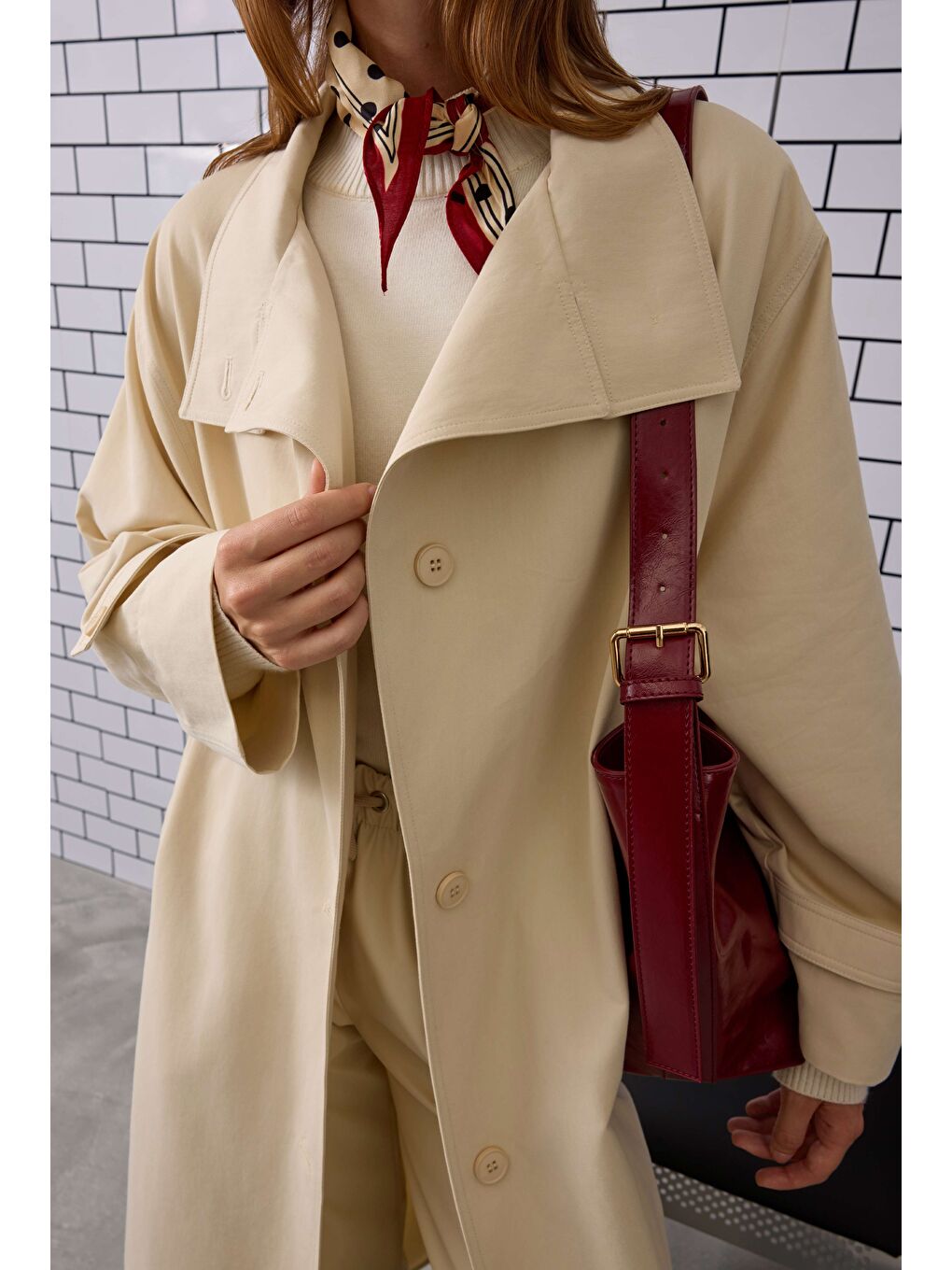 Bej Funnel Neck Uzun Trençkot Krem-2