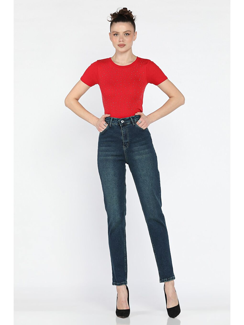 Lacivert Kadın Büyük Beden Elastanlı Mom Jean Pantolon